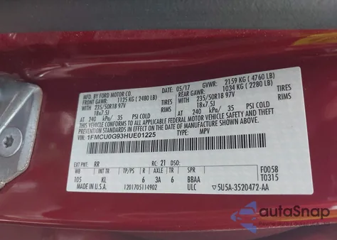 2017 Ford Escape Se из США, поврежденный, VIN 1FMCU0G93HUE01225